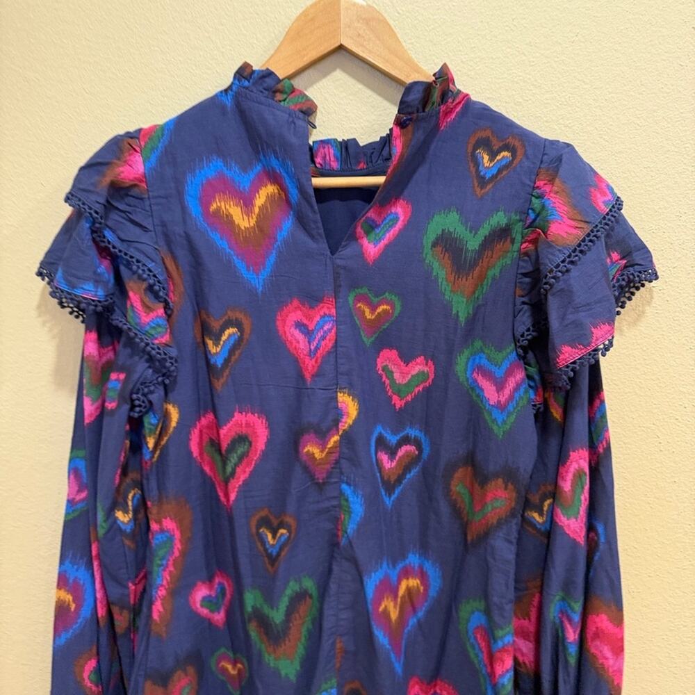 Farm Rio Blue Pink Beaded Tassled Hearts Long Sleeve Mini Dress XS - Picture 4 of 11